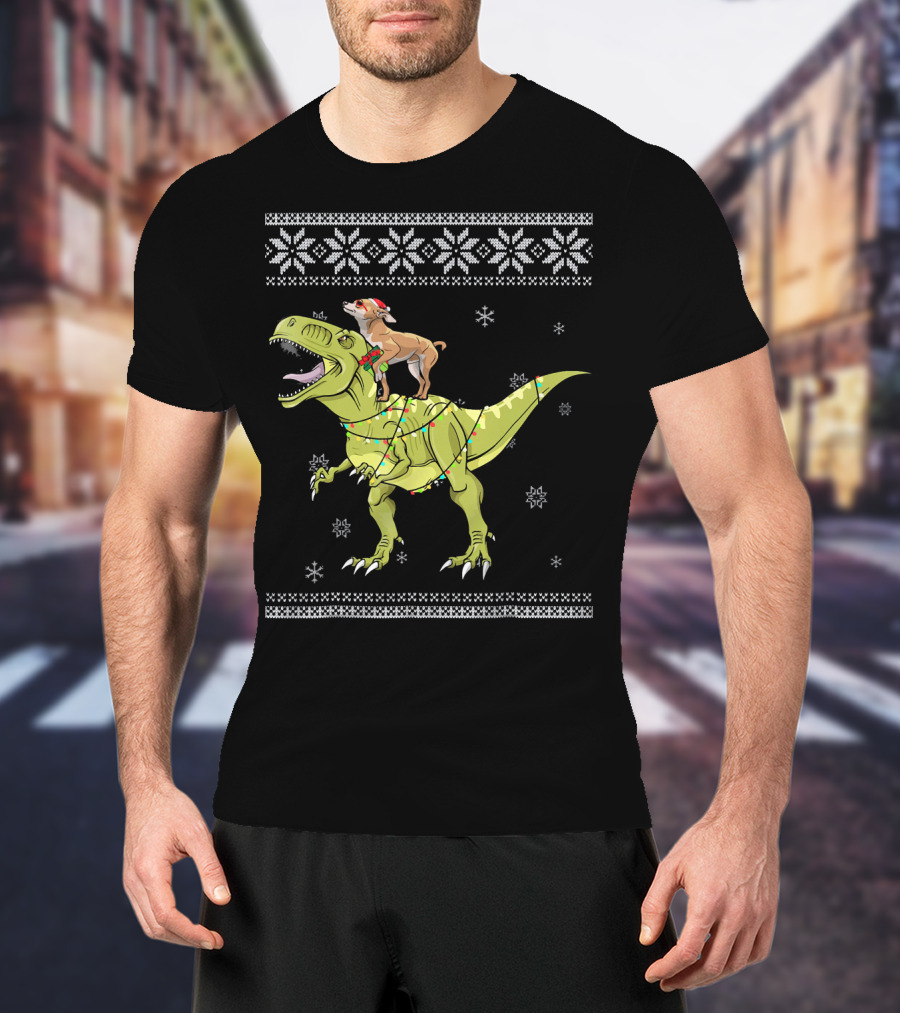 Chihuahua Riding Rex Dinosaur With Christmas Lights And Snowflakes T-Shirt