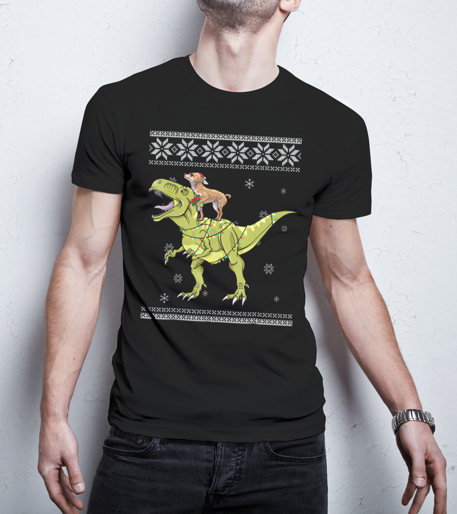Chihuahua Riding Rex Dinosaur With Christmas Lights And Snowflakes T-Shirt