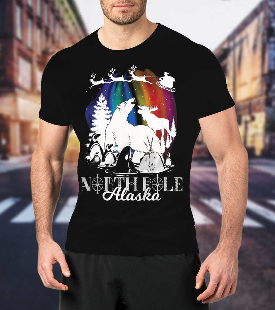 North Pole Alaska Aurora Borealis Polar Bears Reindeer Penguins Santa Sleigh T-Shirt