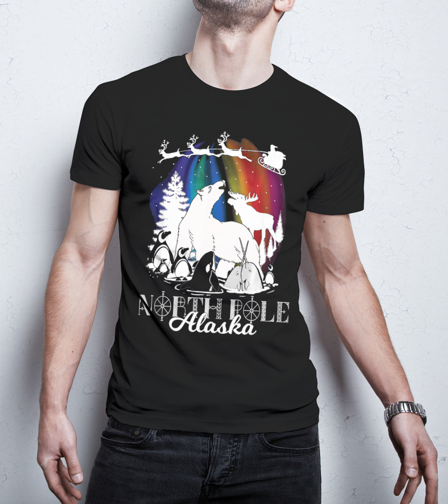 North Pole Alaska Aurora Borealis Polar Bears Reindeer Penguins Santa Sleigh T-Shirt