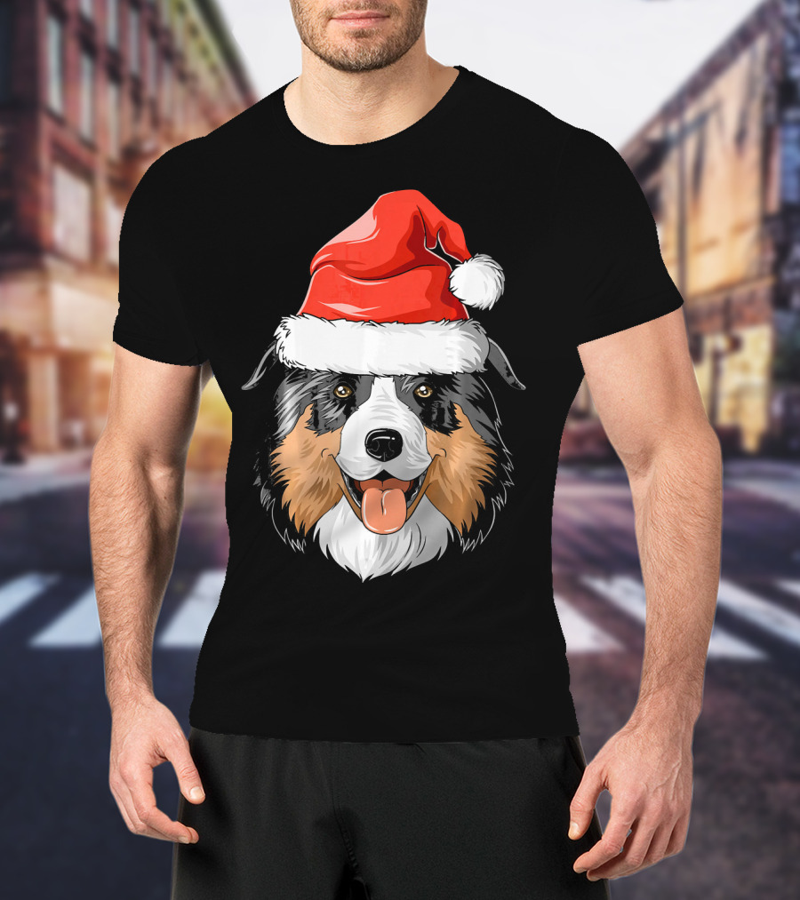Australian Shepherd Dog Wearing Festive Santa Hat T-Shirt