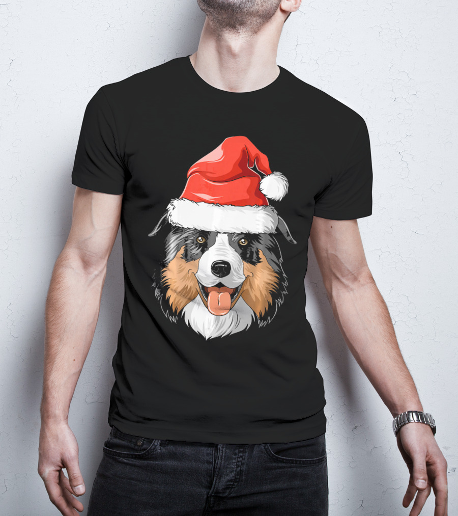 Australian Shepherd Dog Wearing Festive Santa Hat T-Shirt