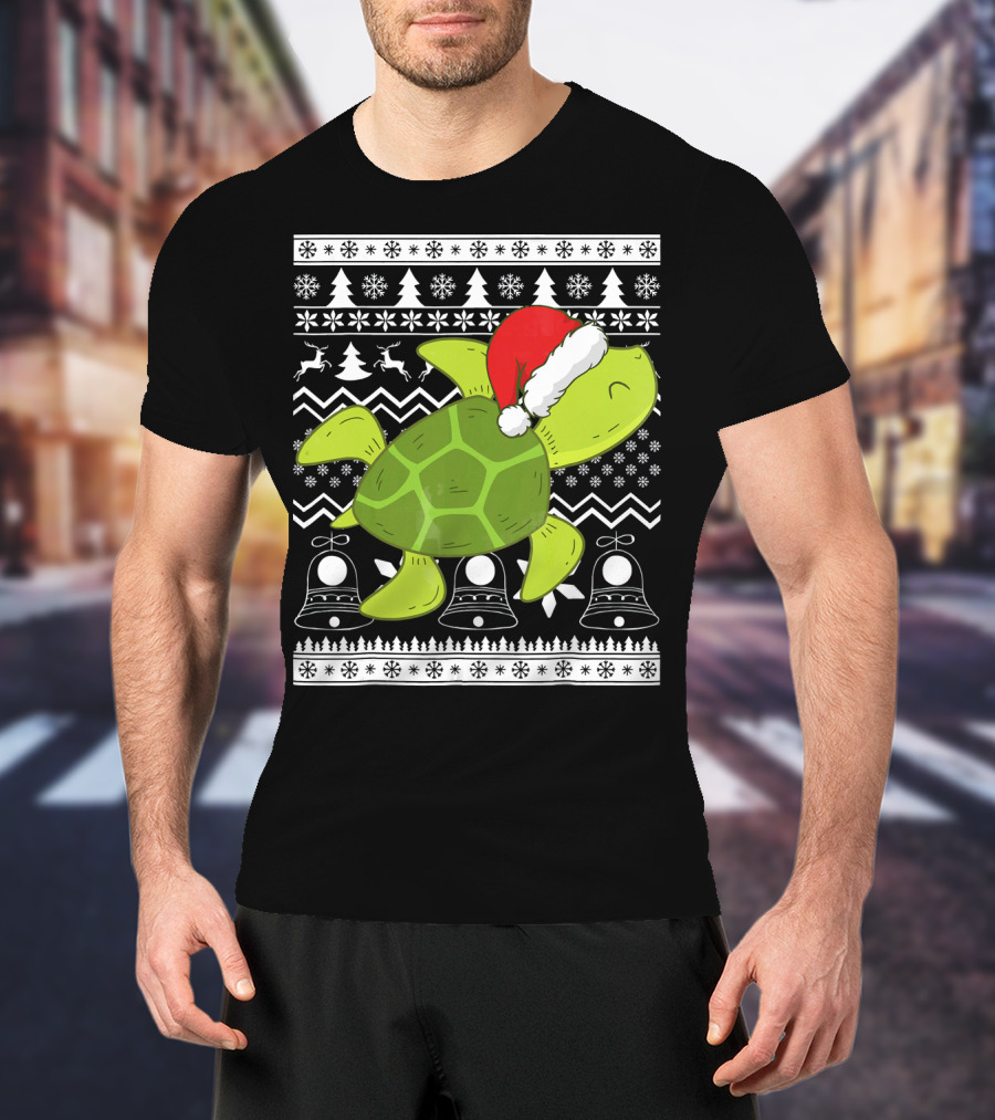 Sea Turtle Santa Holiday Sweater Design With Christmas Bells, Reindeer, Trees, And Snowflakes T-Shirt