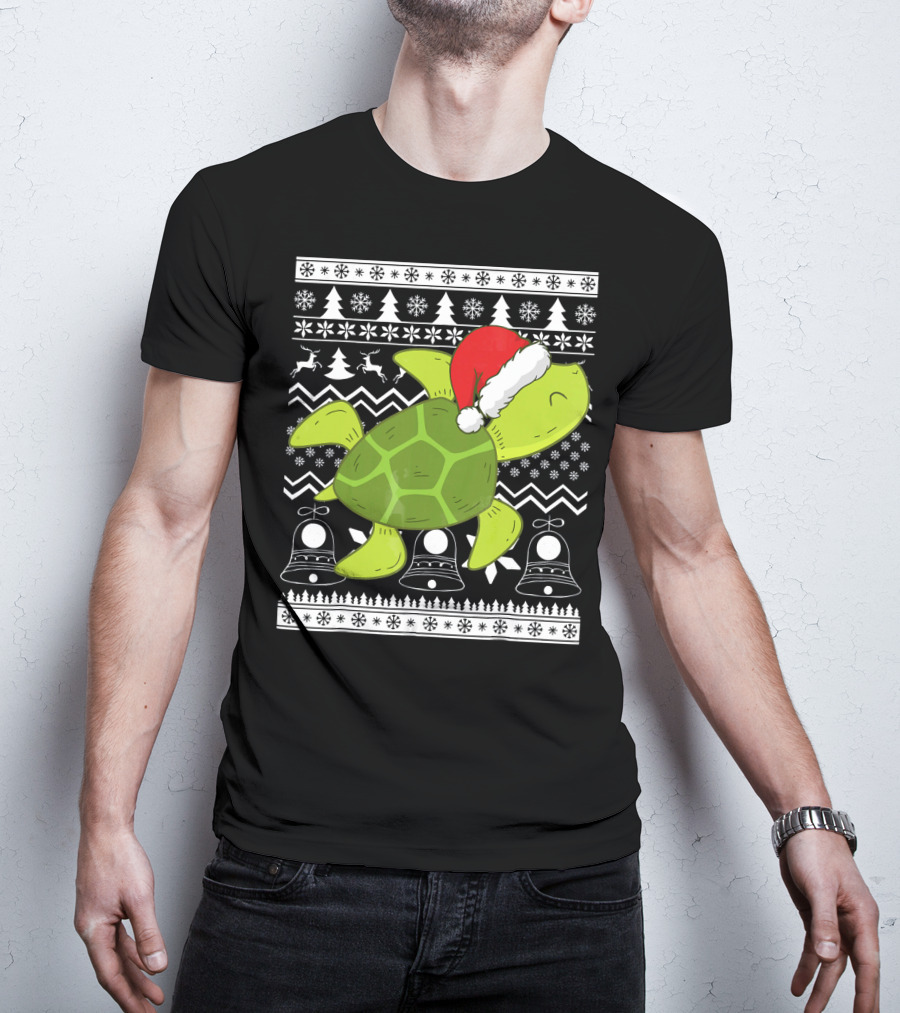 Sea Turtle Santa Holiday Sweater Design With Christmas Bells, Reindeer, Trees, And Snowflakes T-Shirt