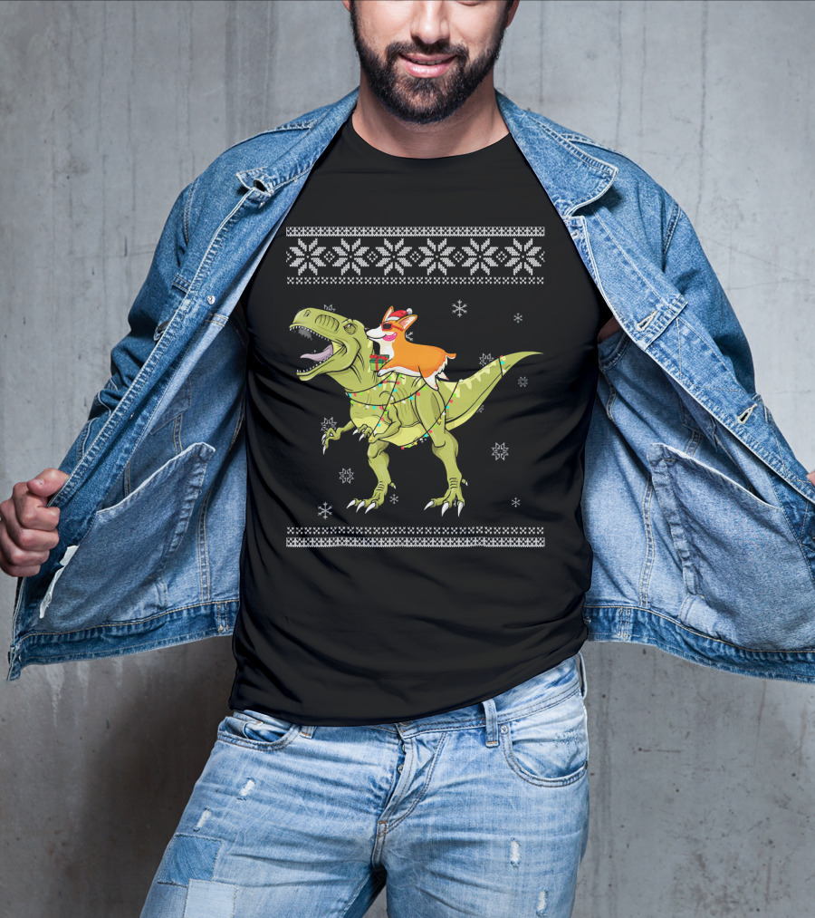Corgi Riding T-Rex Dinosaur Christmas Lights Snowflakes Ugly T-Shirt