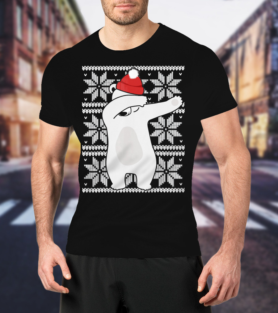 UGLY CHRISTMAS Dabbing Polar Bear In Santa Hat With Snowflake T-Shirt