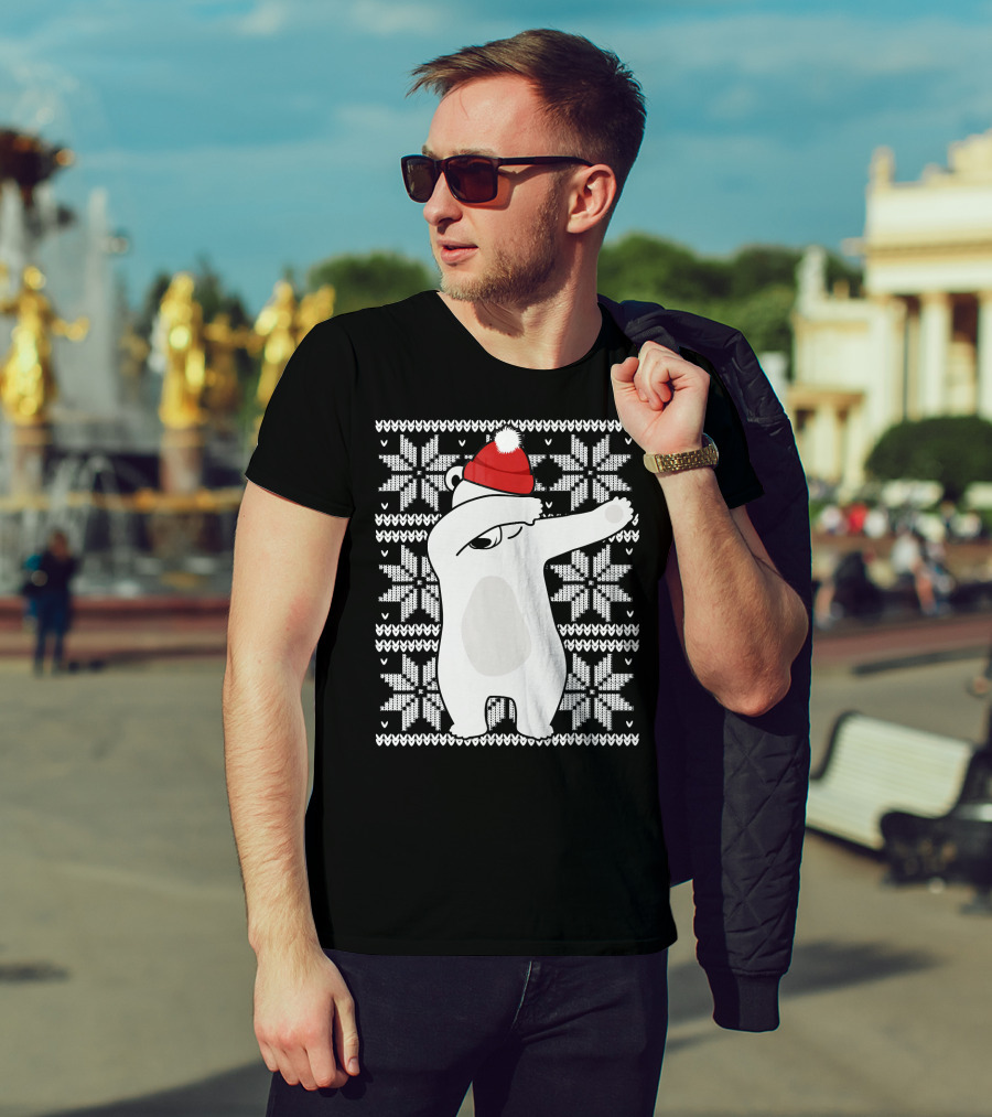 UGLY CHRISTMAS Dabbing Polar Bear In Santa Hat With Snowflake T-Shirt