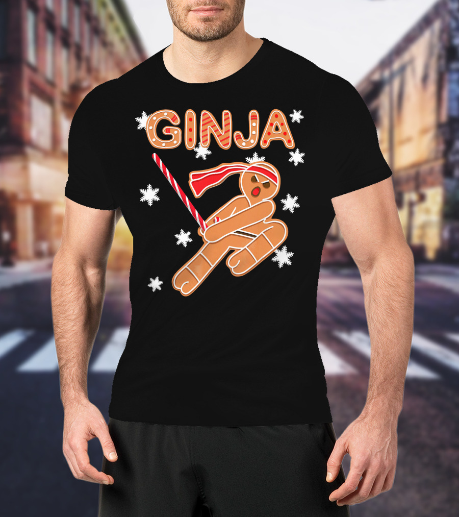 Gingerbread Ginja Funny Christmas Ninja Candy Cane Snowflakes T-Shirt