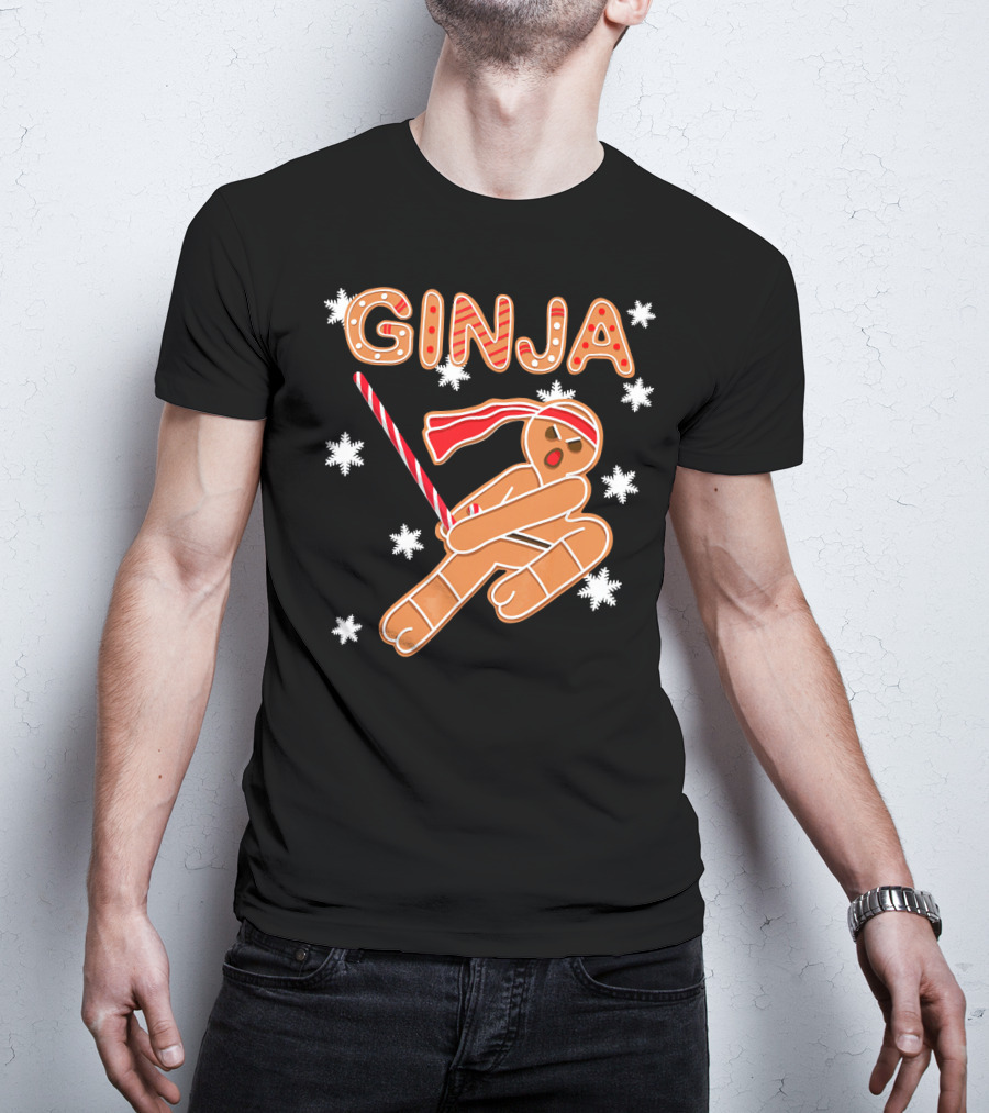 Gingerbread Ginja Funny Christmas Ninja Candy Cane Snowflakes T-Shirt