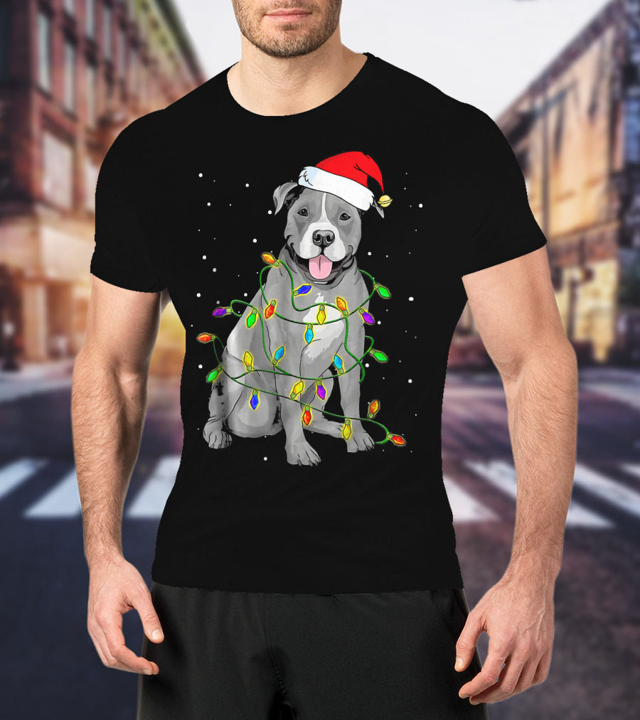 Pitbull In Santa Hat Wrapped In Christmas Lights With Snowy Background T-Shirt