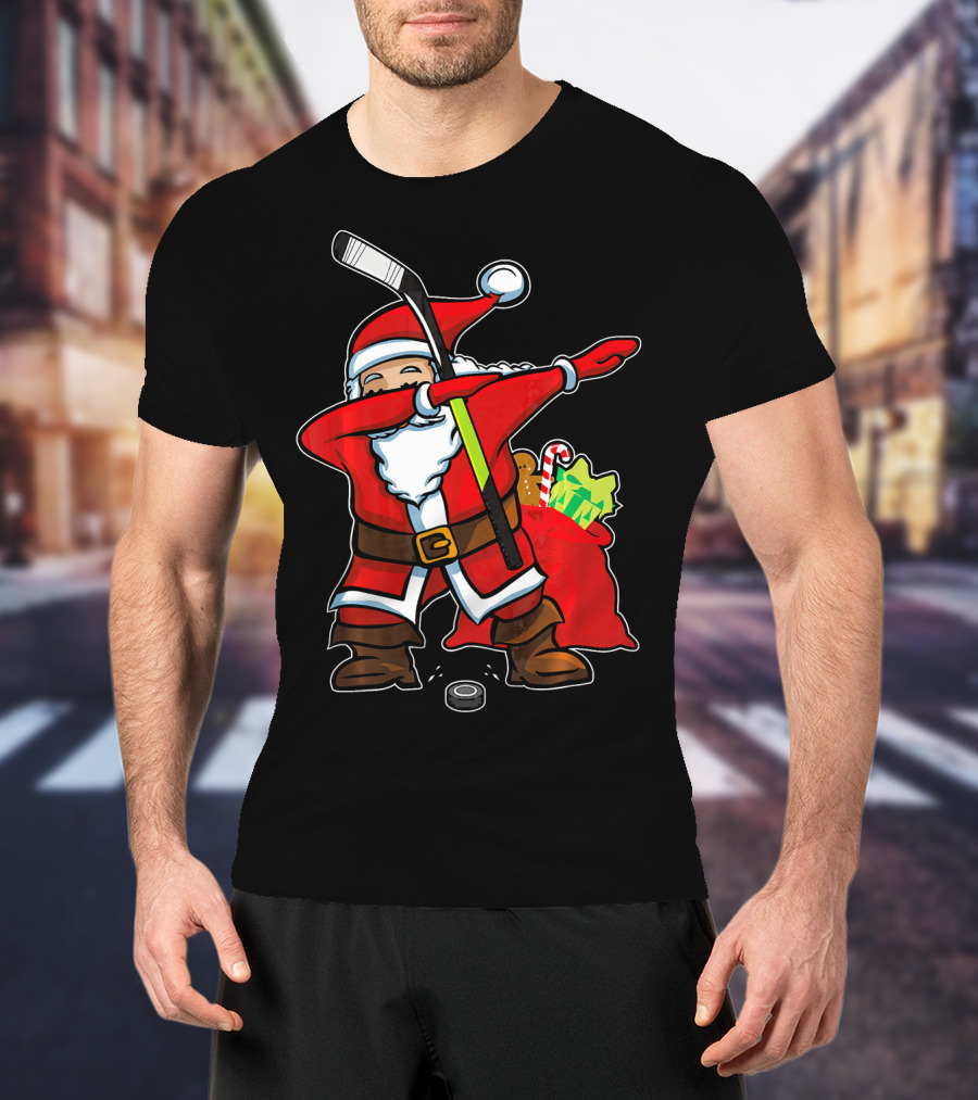 Santa Dabbing With Hockey Stick Christmas Hip Hop With Gifts And Hockey Puck T-Shirt