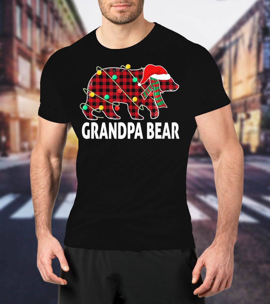 Grandpa Bear Plaid Christmas Hat Family Holiday Lights T-Shirt