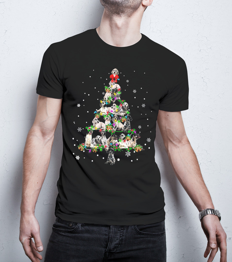 English Setter Dog Christmas Tree With Snowflakes And Holiday Decorations T-Shirt