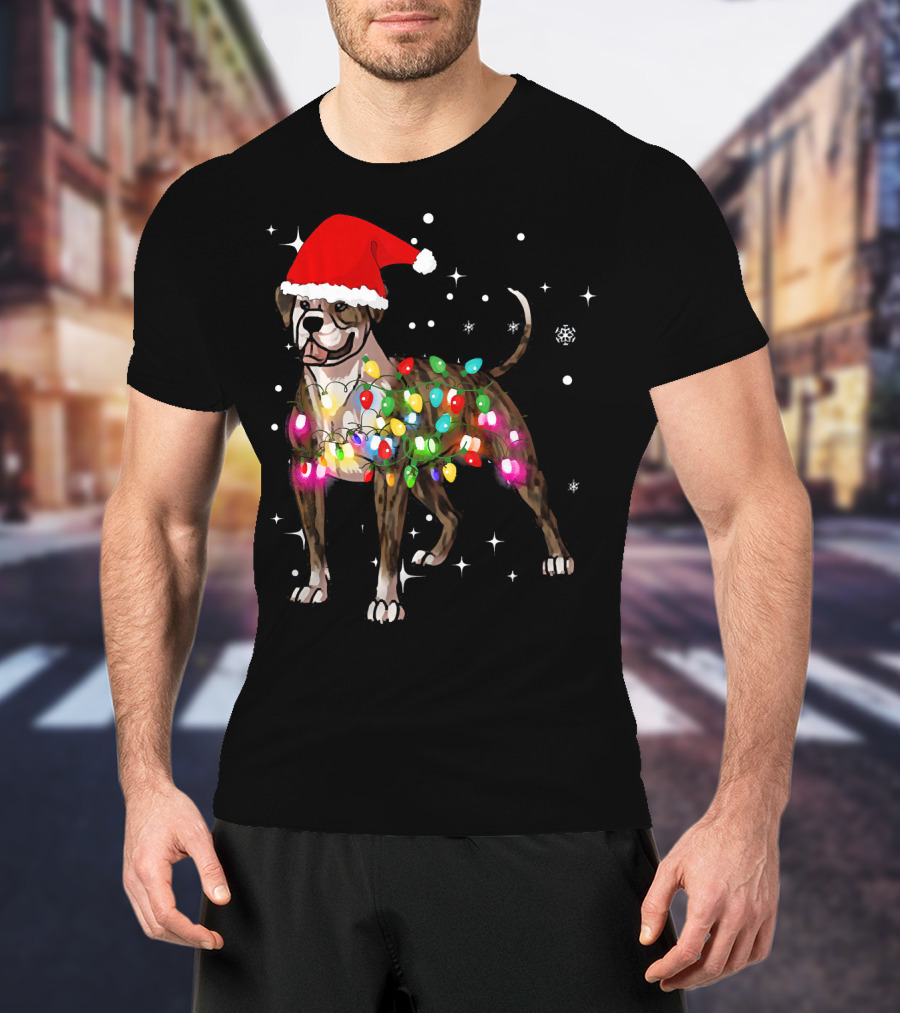 Christmas Lights American Bulldog Santa Hat Snowflakes T-Shirt