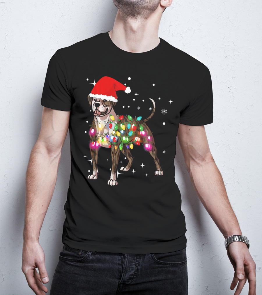 Christmas Lights American Bulldog Santa Hat Snowflakes T-Shirt