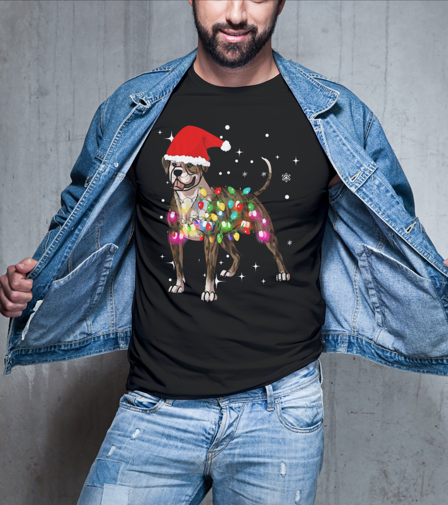 Christmas Lights American Bulldog Santa Hat Snowflakes T-Shirt