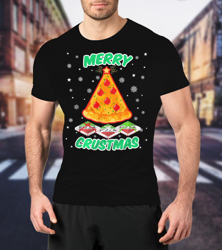 MERRY CRUSTMAS Funny Pizza Christmas Tree With Snowflakes And Pizza Boxes T-Shirt
