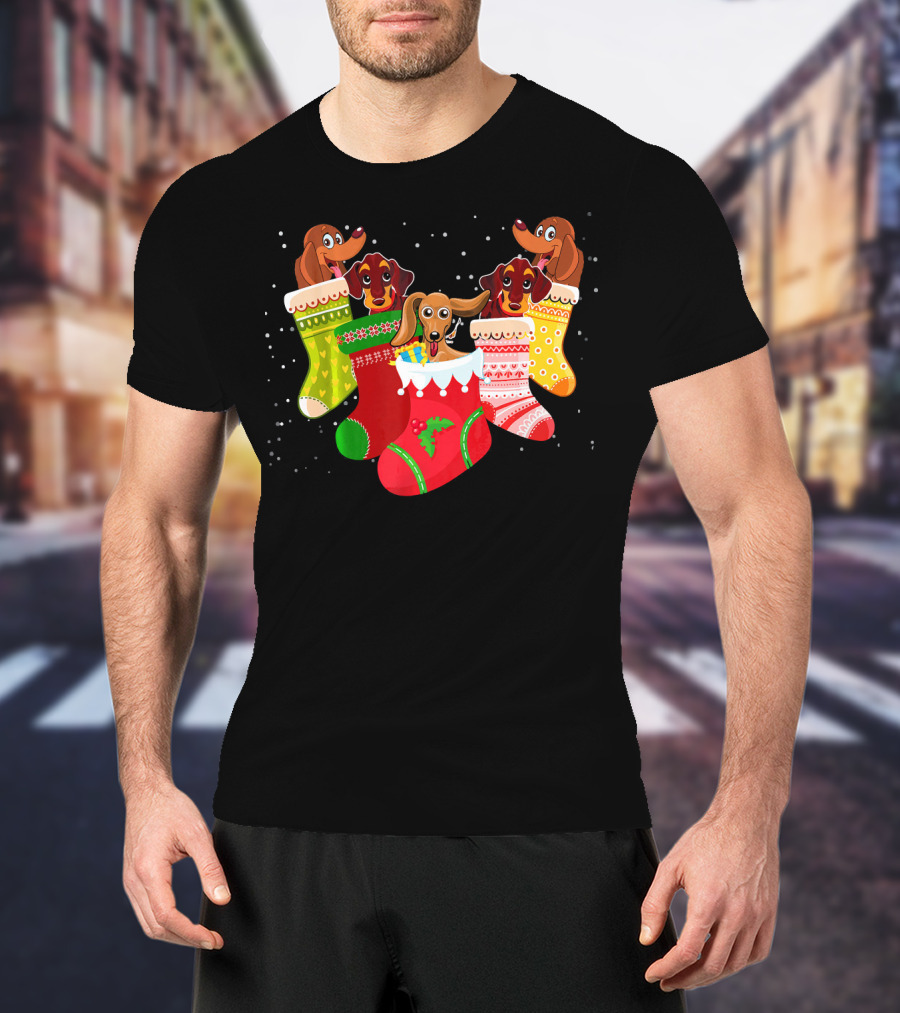 Playful Dachshunds In Colorful Christmas Socks Festive Humor T-Shirt