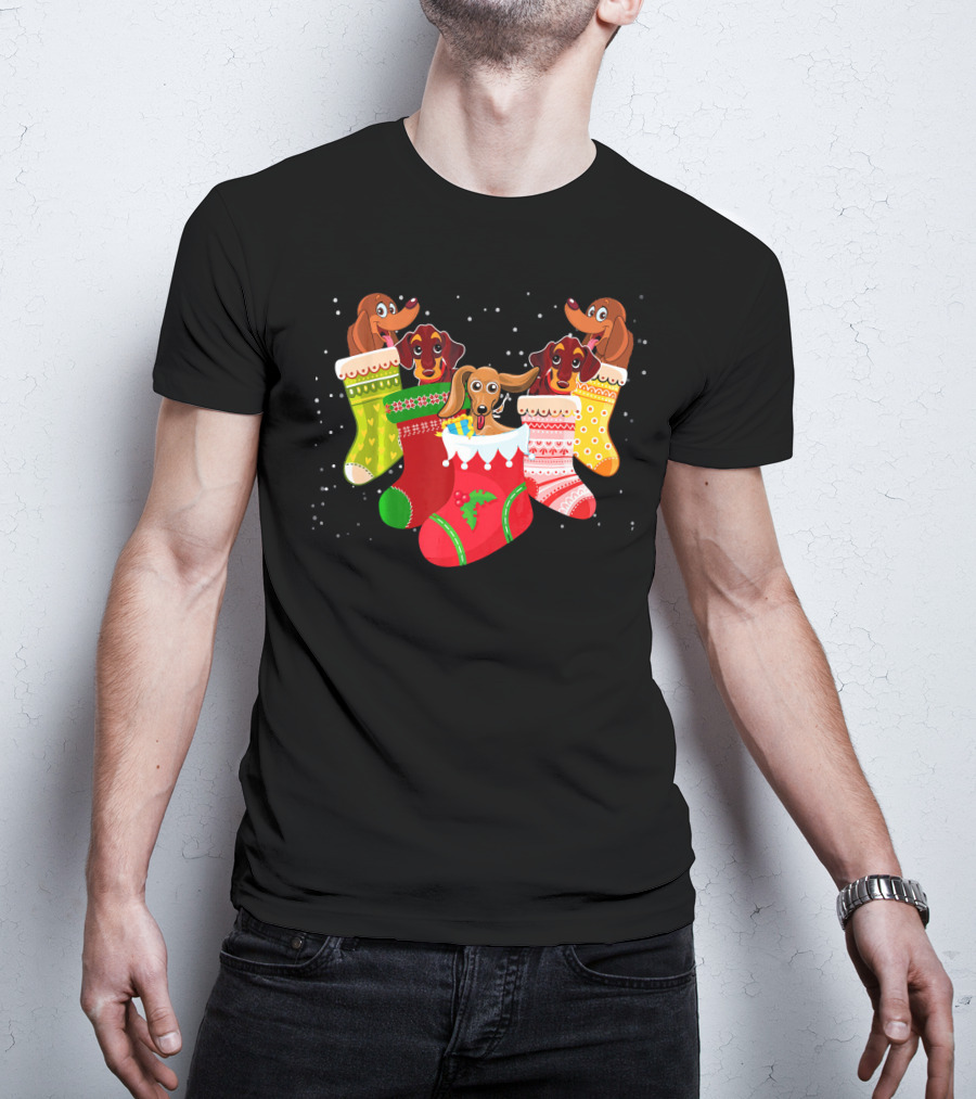 Playful Dachshunds In Colorful Christmas Socks Festive Humor T-Shirt