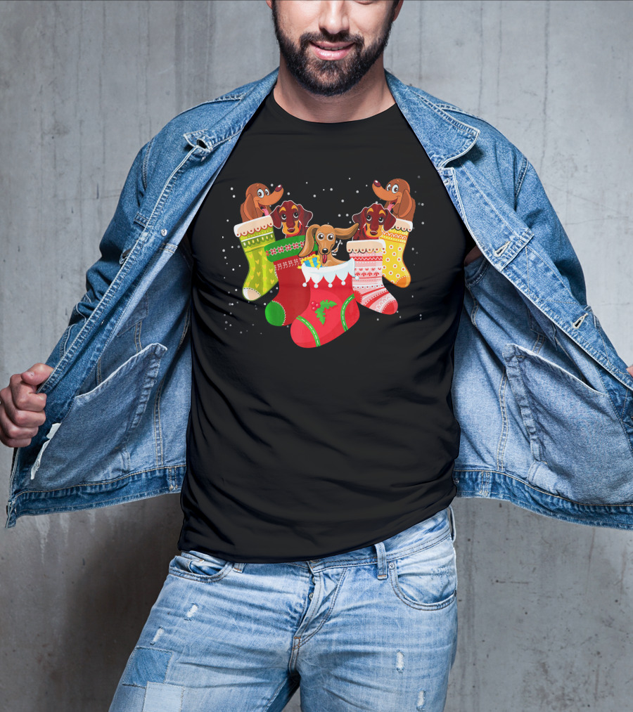 Playful Dachshunds In Colorful Christmas Socks Festive Humor T-Shirt