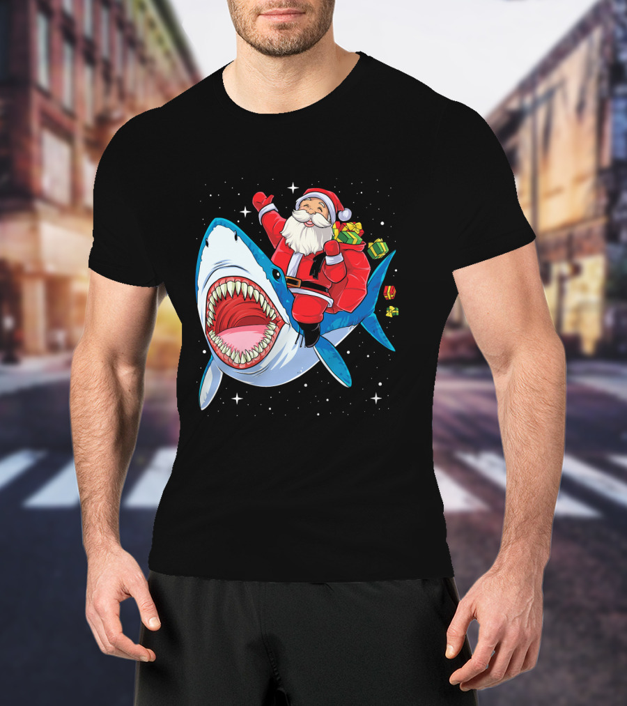 Santa Claus Riding A Shark With Gifts T-Shirt