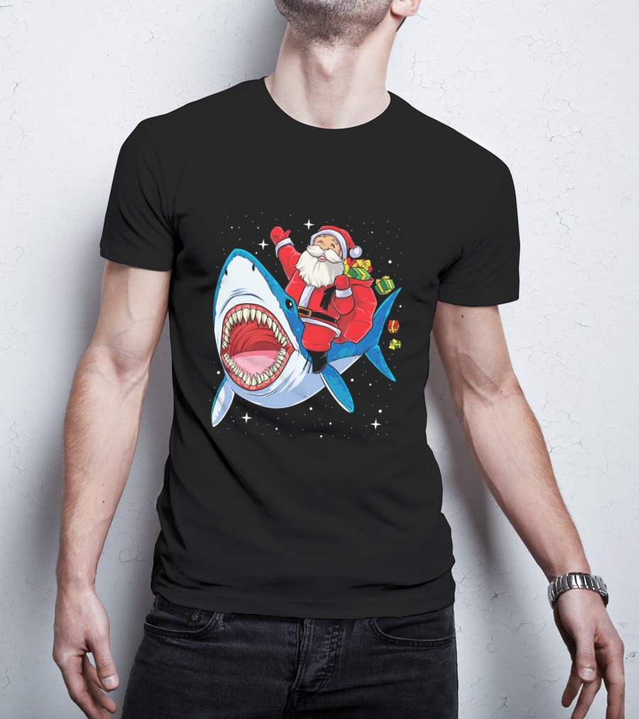Santa Claus Riding A Shark With Gifts T-Shirt