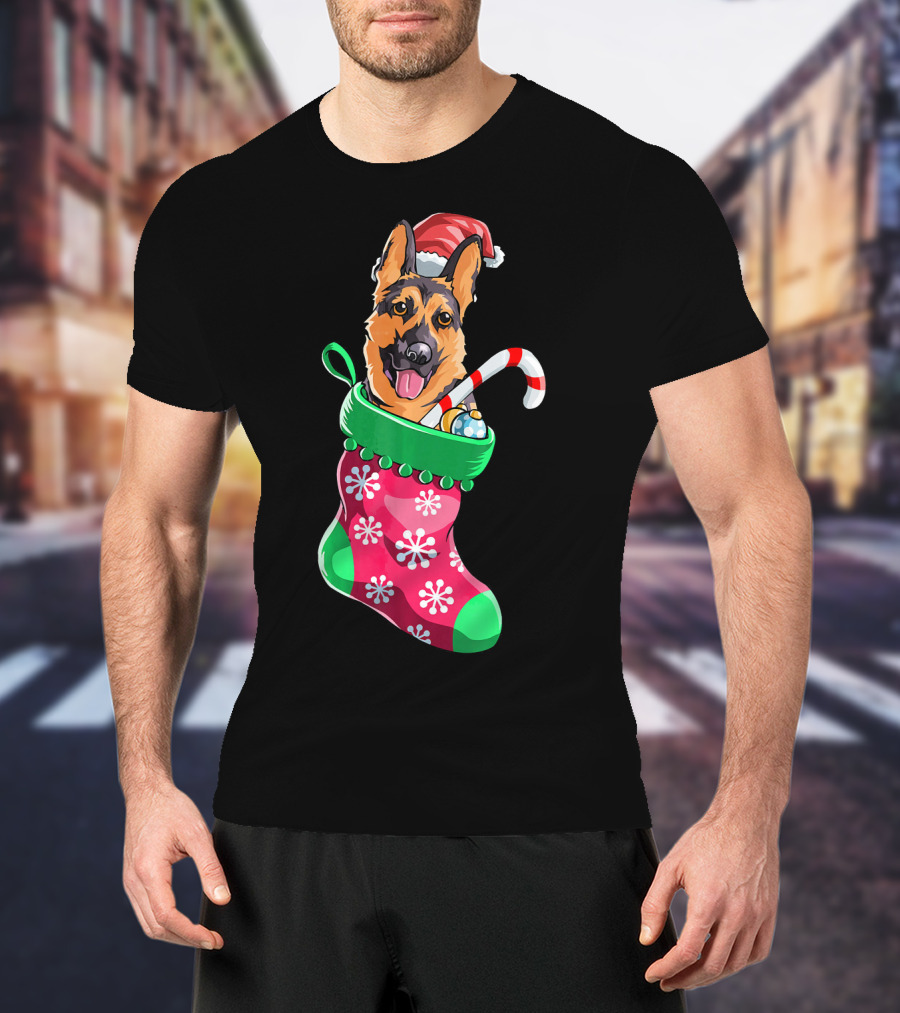 German Shepherd In Christmas Santa Hat Stocking With Candy Cane T-Shirt