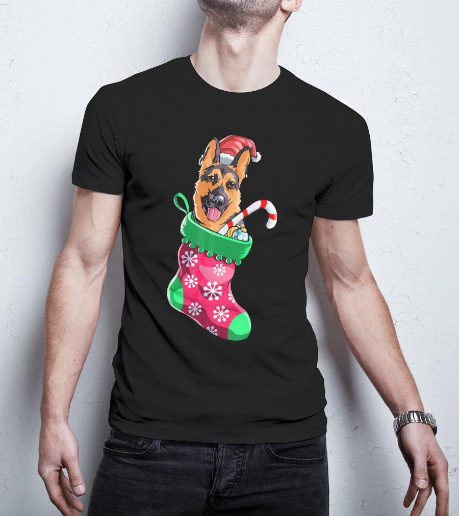 German Shepherd In Christmas Santa Hat Stocking With Candy Cane T-Shirt