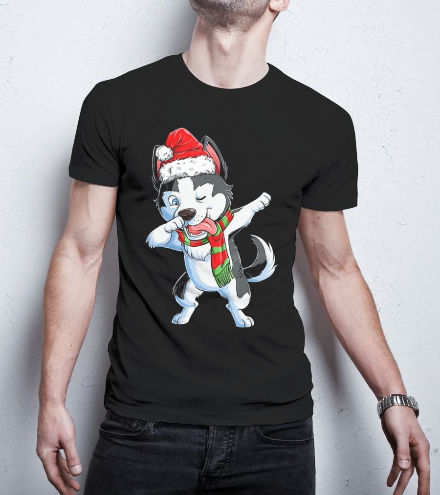 Dabbing Siberian Husky Santa Christmas Dog With Scarf T-Shirt