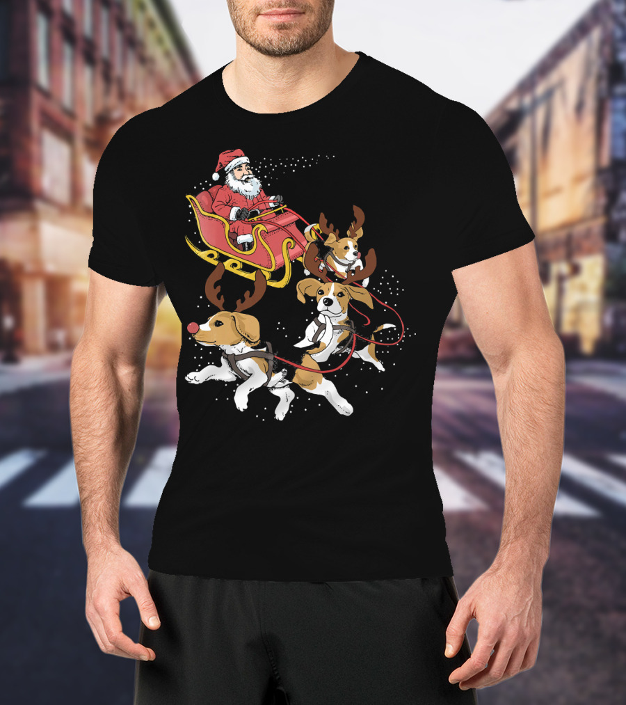 Santa's Sleigh With Beagle Reindeer Trio T-Shirt