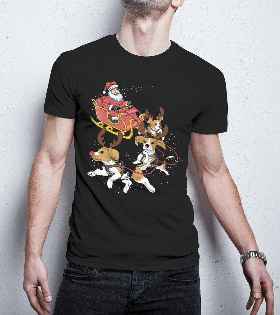 Santa's Sleigh With Beagle Reindeer Trio T-Shirt