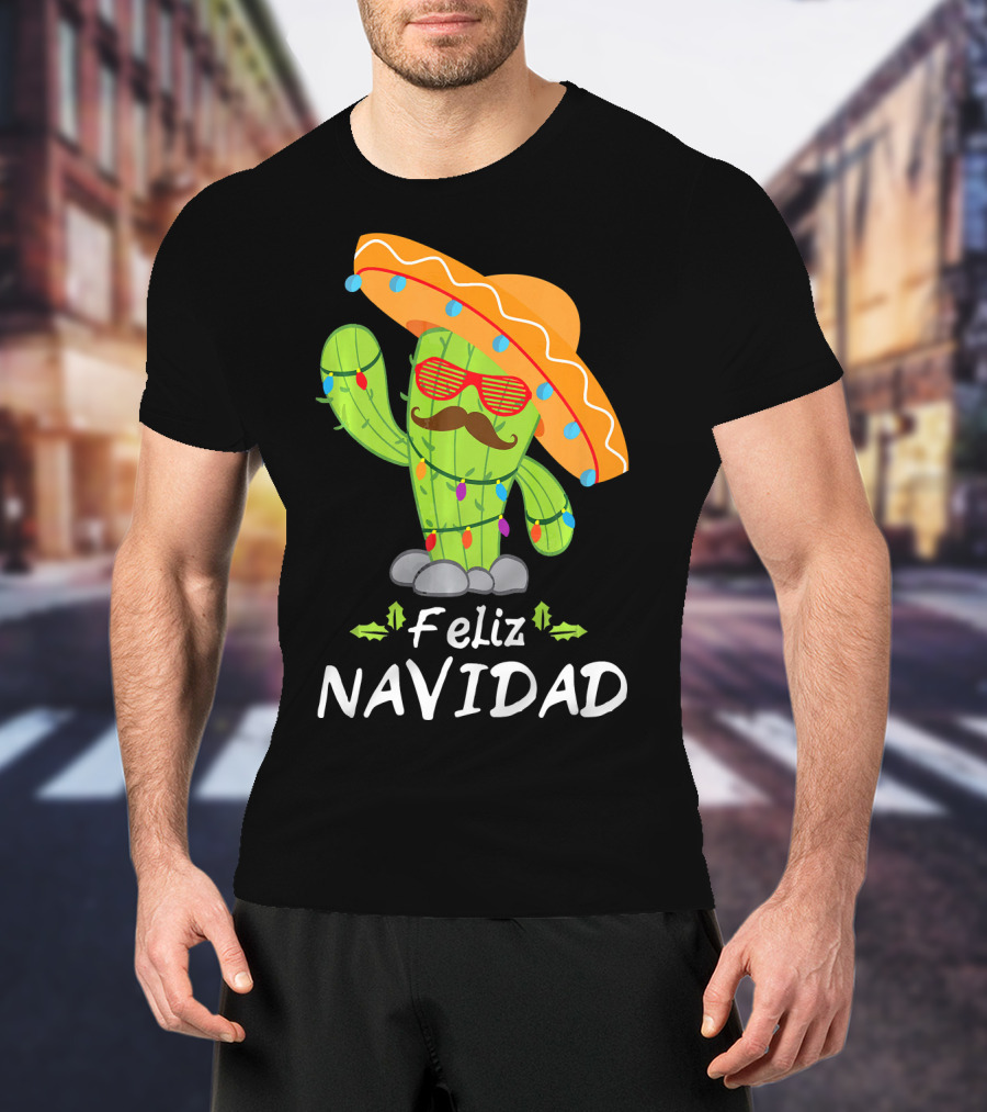 Feliz Navidad Cactus Mexican Tree Christmas Sombrero Lights T-Shirt