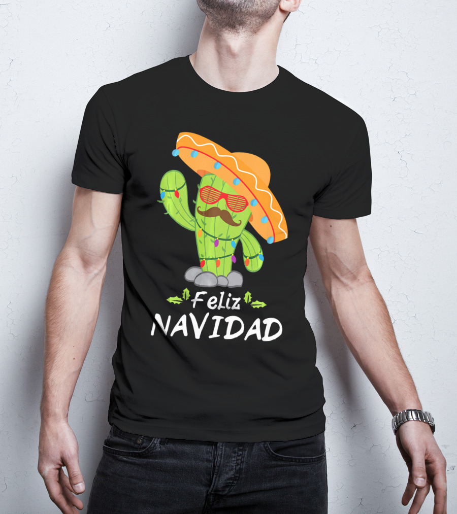 Feliz Navidad Cactus Mexican Tree Christmas Sombrero Lights T-Shirt