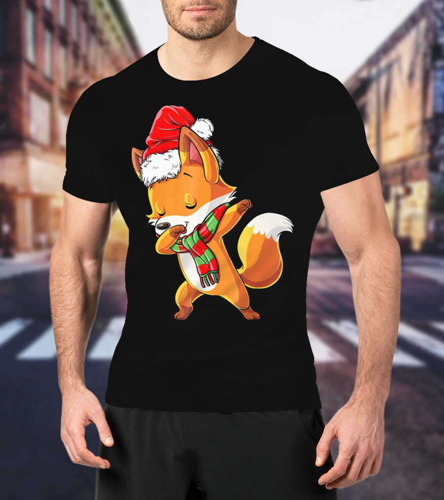 Christmas Dab Fox With Santa Hat And Scarf T-Shirt