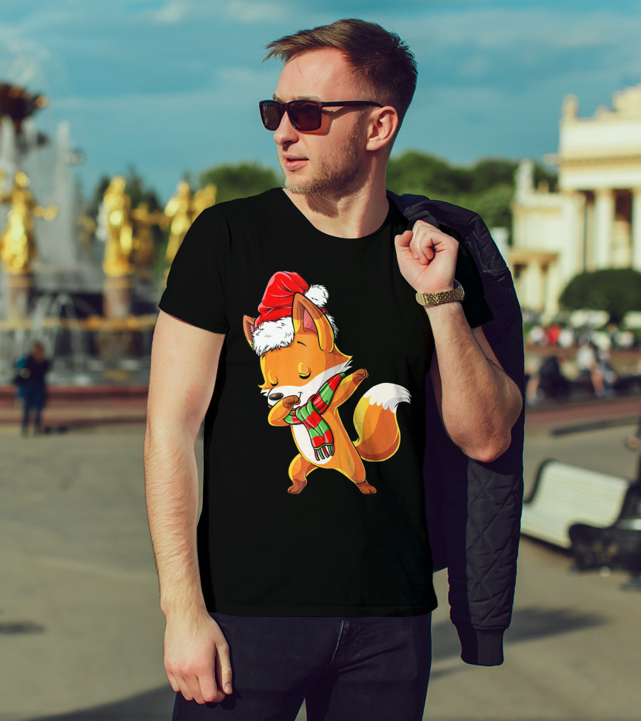 Christmas Dab Fox With Santa Hat And Scarf T-Shirt