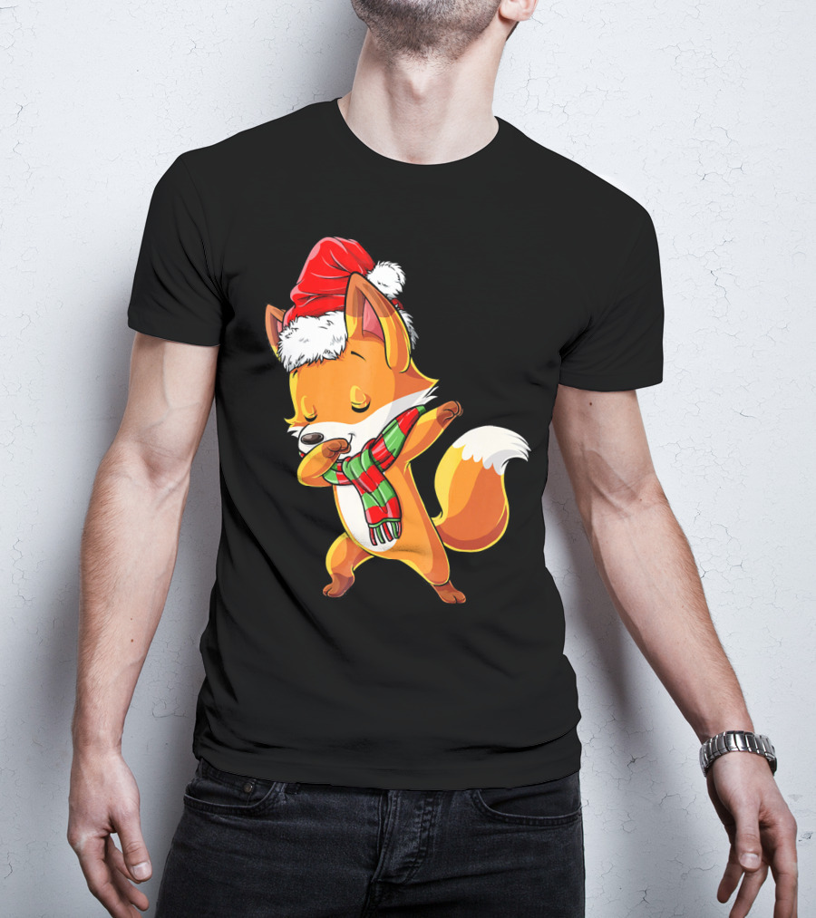 Christmas Dab Fox With Santa Hat And Scarf T-Shirt