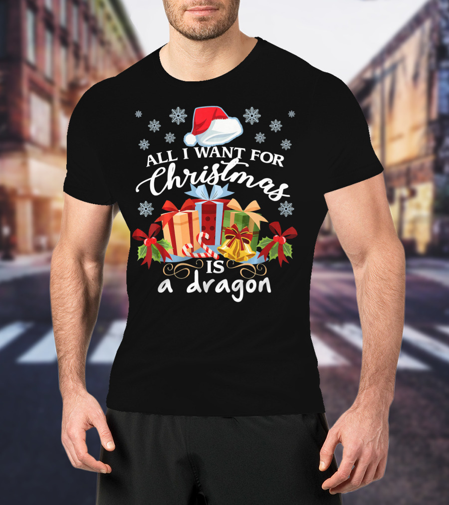 All I Want For Christmas Is A Dragon Santa Hat Presents Snowflakes T-Shirt
