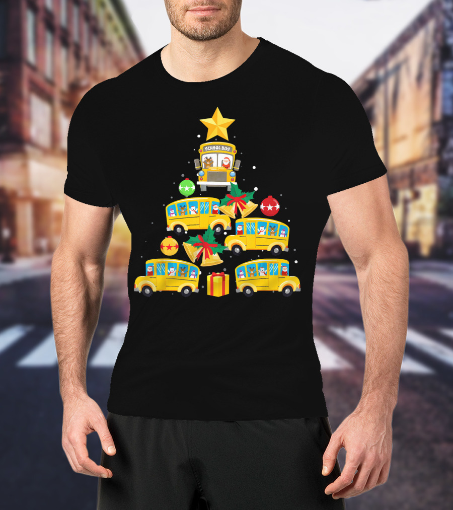 School Bus Christmas Tree With Santa Reindeer Ornaments And Gifts T-Shirt