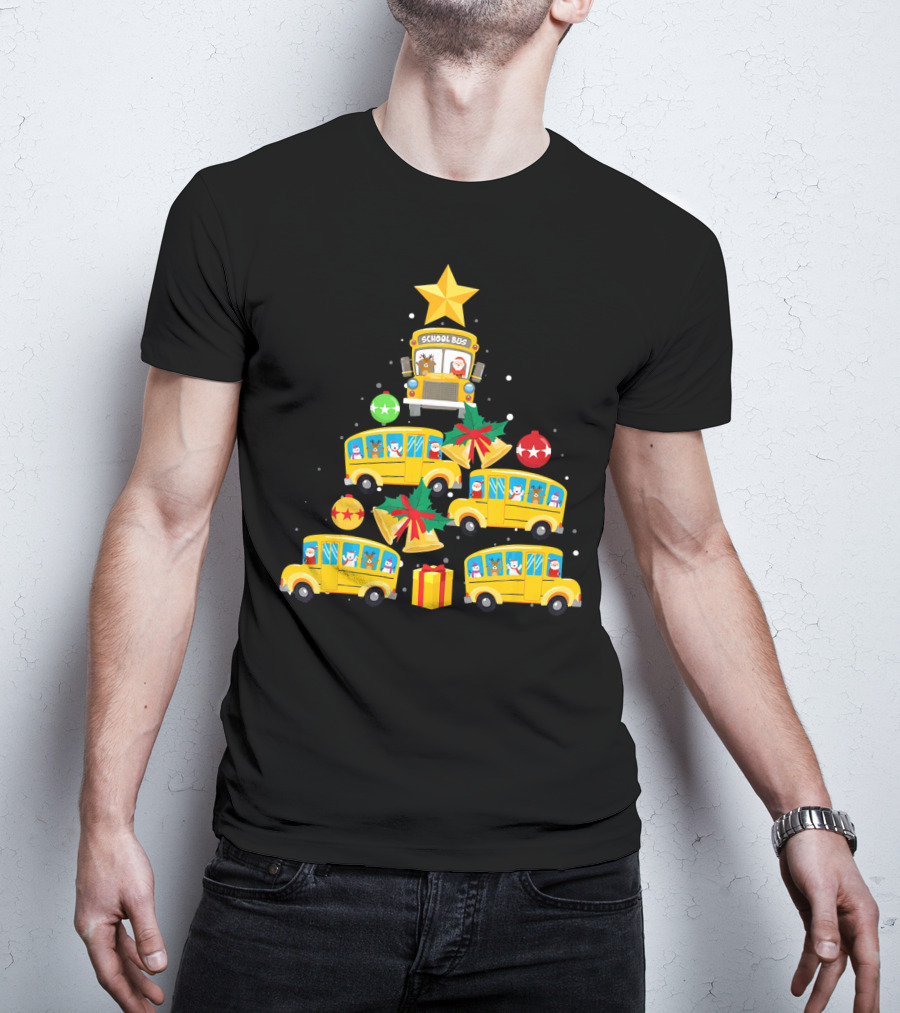 School Bus Christmas Tree With Santa Reindeer Ornaments And Gifts T-Shirt