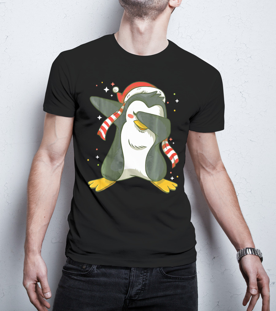 Christmas Xmas Santa Claus Penguin Dabbing Scarf Santa Hat T-Shirt