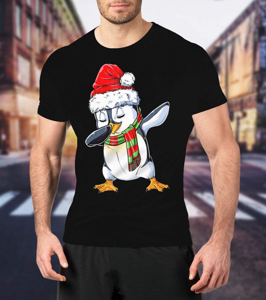 Dabbing Penguin Santa Claus With Festive Scarf T-Shirt
