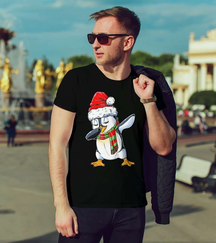 Dabbing Penguin Santa Claus With Festive Scarf T-Shirt