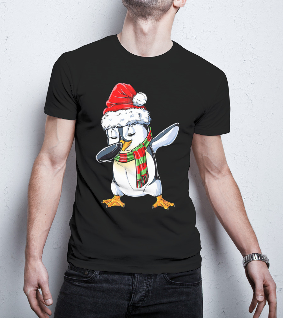 Dabbing Penguin Santa Claus With Festive Scarf T-Shirt