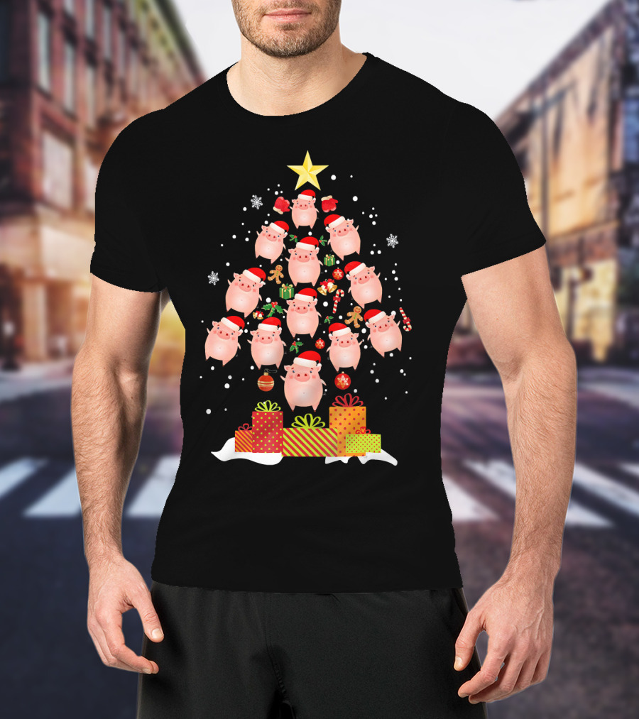 Christmas Tree Of Santa Hat Pigs With Gifts And Snowflakes T-Shirt