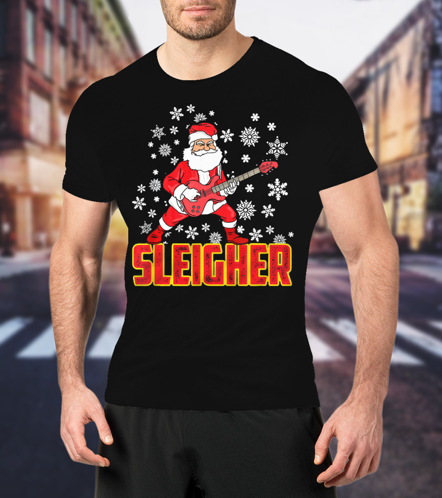 Sleigher Santa Claus With Guitar And Snowflakes T-Shirt