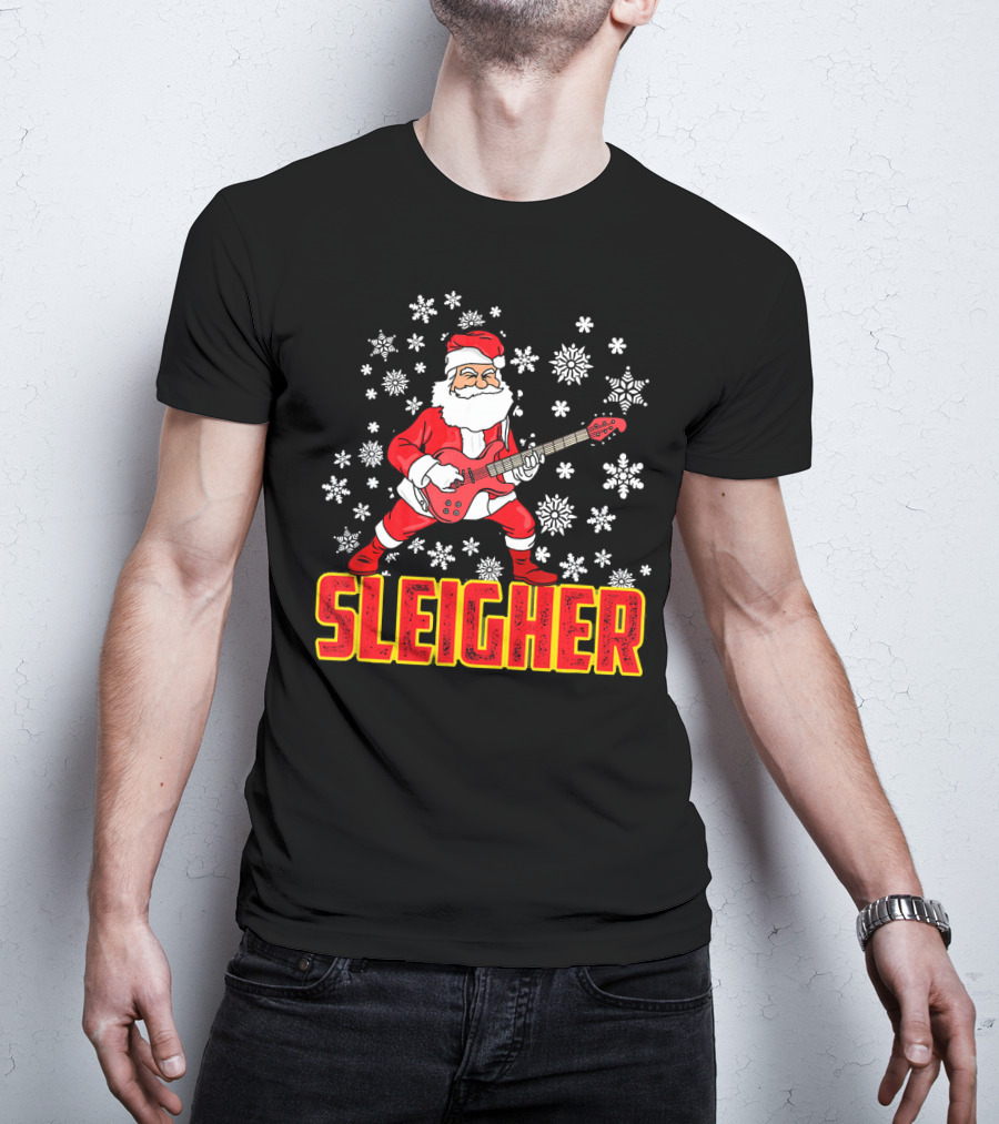 Sleigher Santa Claus With Guitar And Snowflakes T-Shirt
