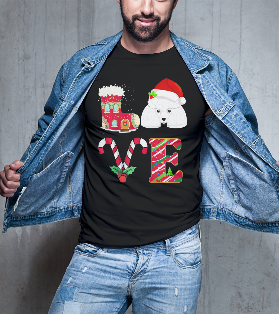 I Love My Poodle Funny Christmas Poodle Candy Cane Santa Hat Holiday Boot T-Shirt