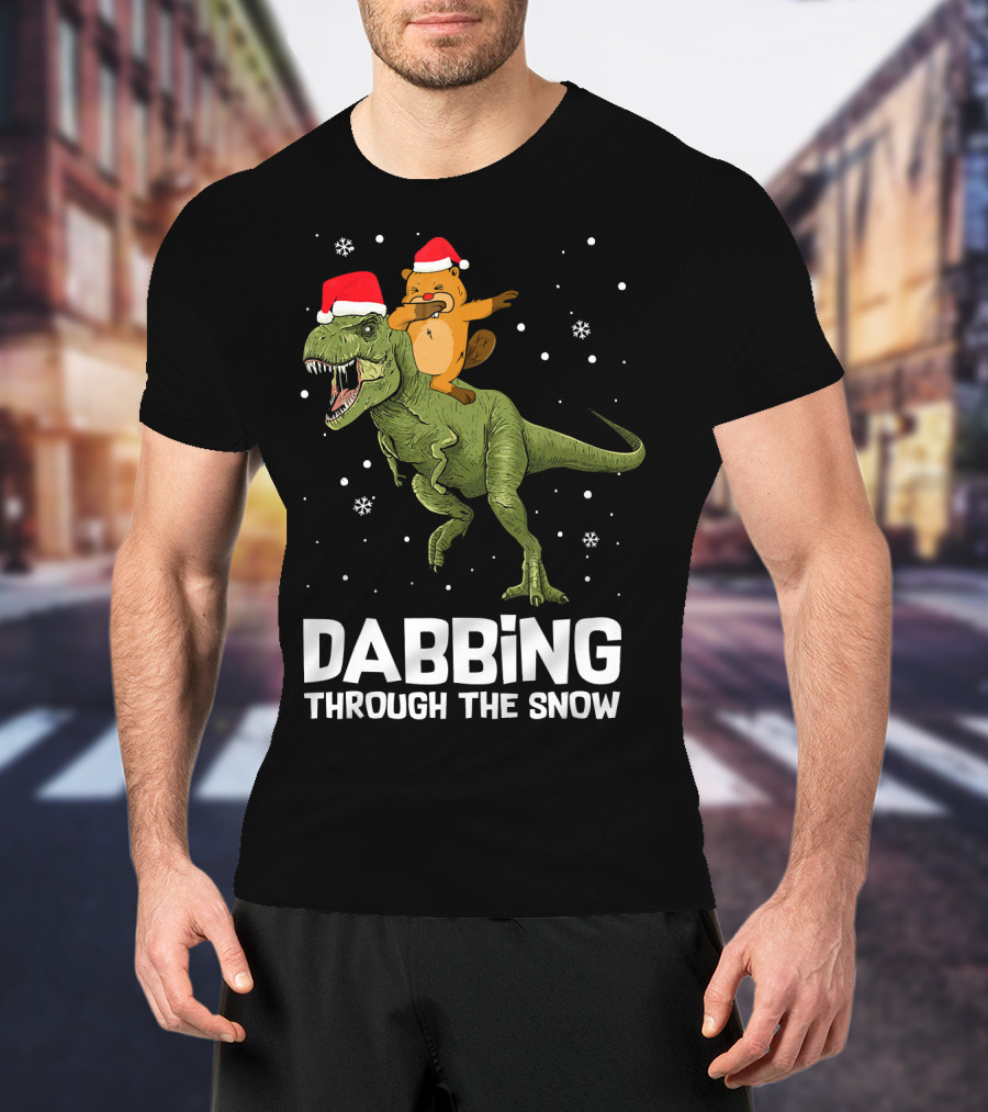 Beaver Dabbing On Dinosaur Wearing Santa Hats Dabbing Through The Snow T-Shirt