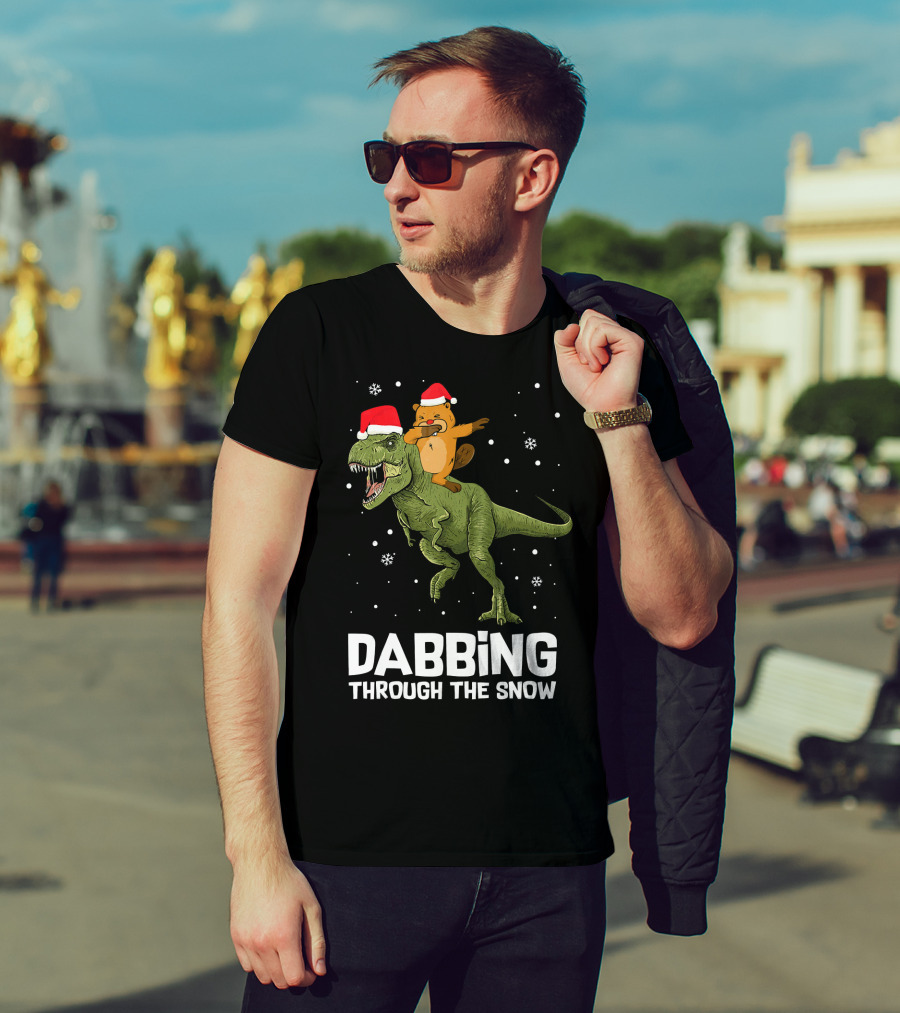 Beaver Dabbing On Dinosaur Wearing Santa Hats Dabbing Through The Snow T-Shirt