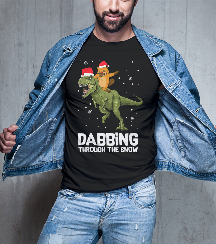 Beaver Dabbing On Dinosaur Wearing Santa Hats Dabbing Through The Snow T-Shirt